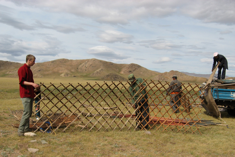 Erecting the yurt walls